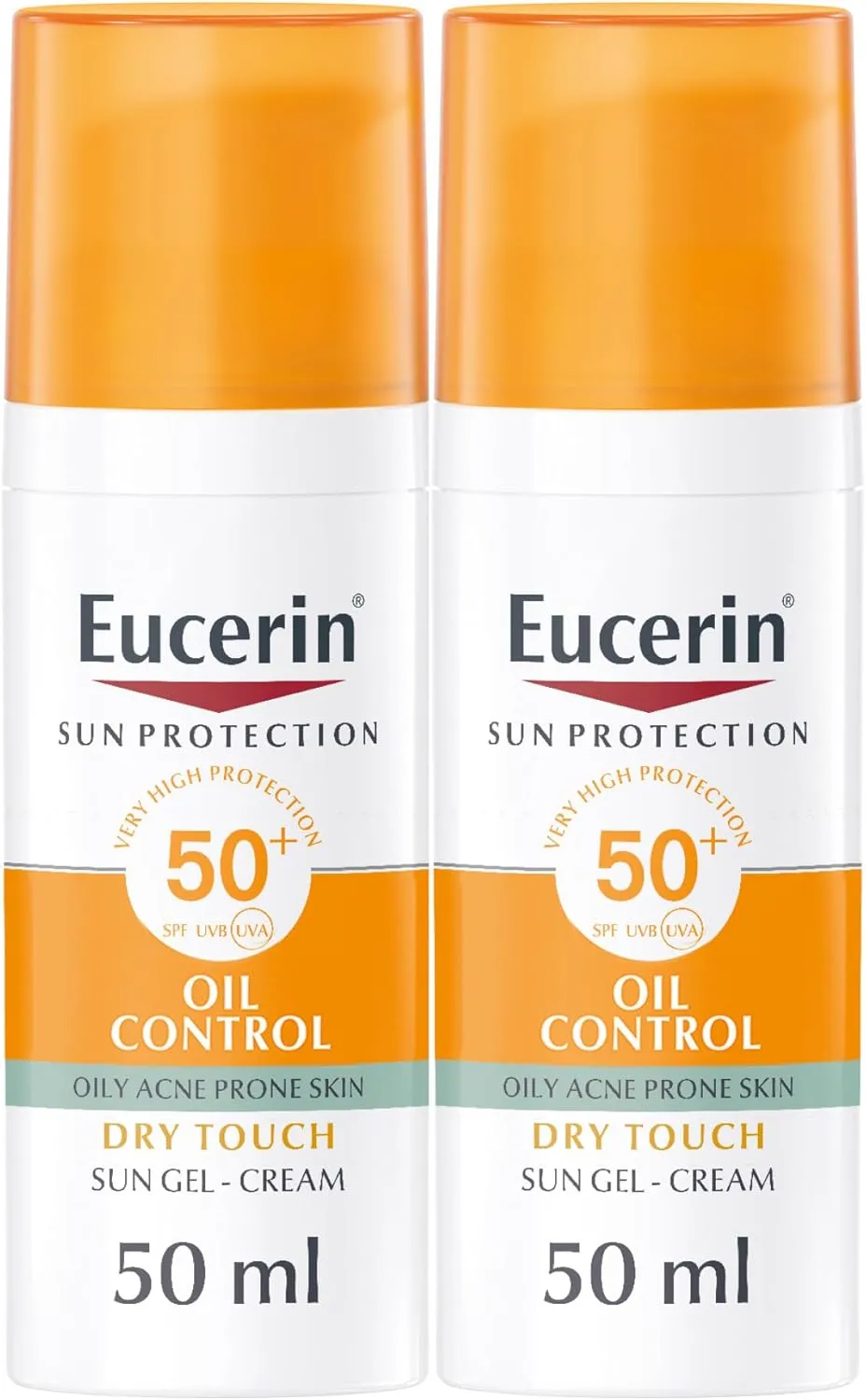 Eucerin Face Sunscreen Oil Control Gel-Cream Dry Touch, High UVA/UVB Protection, SPF 50+, Light Texture Sun Protection, Suitable Under Make-Up, For Oily Acne-Prone Skin, 50ml x 2