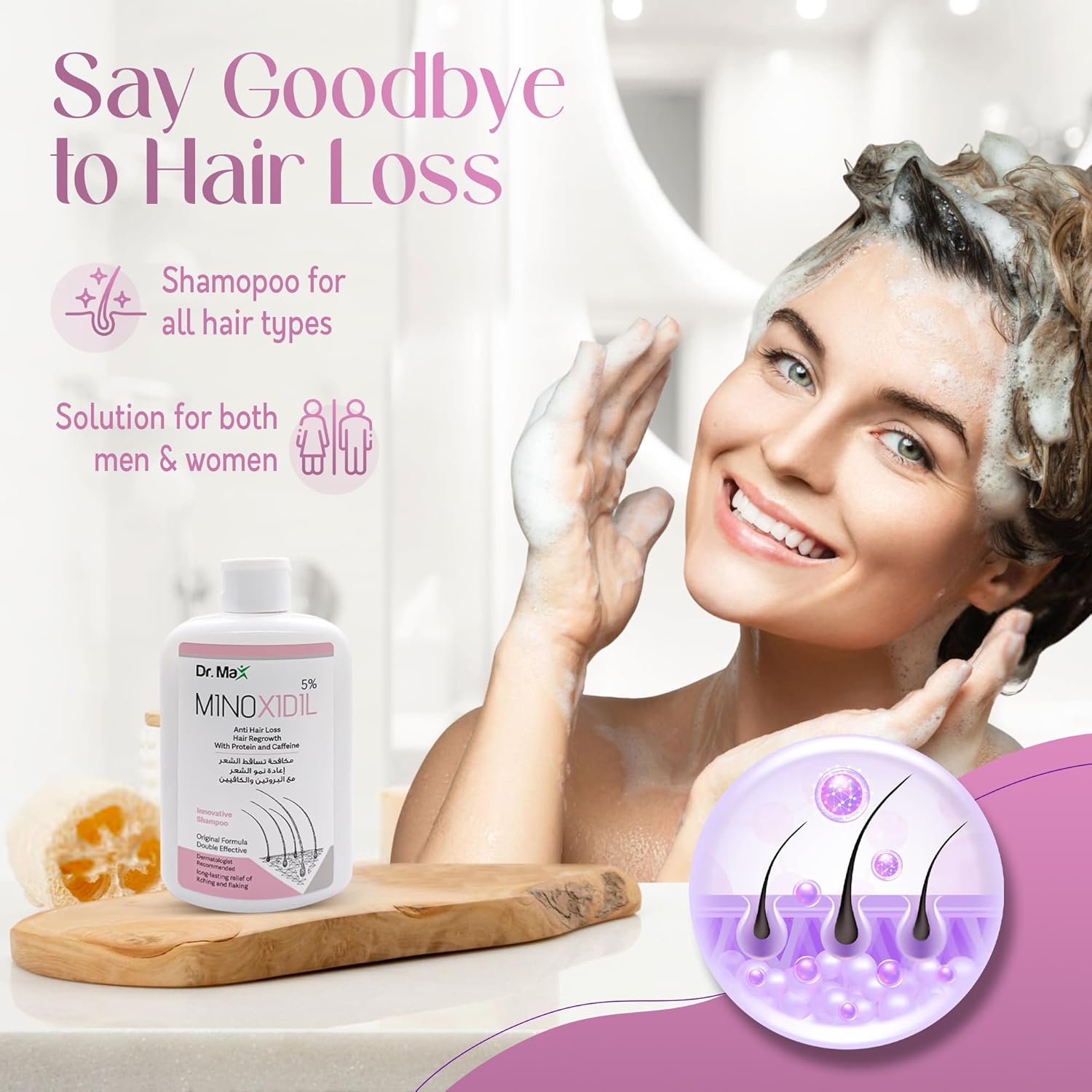 dr max minoxidil 5% anti hair loss shampoo, hair regrowth with protein caffeine long lasting relife of itching and flaking