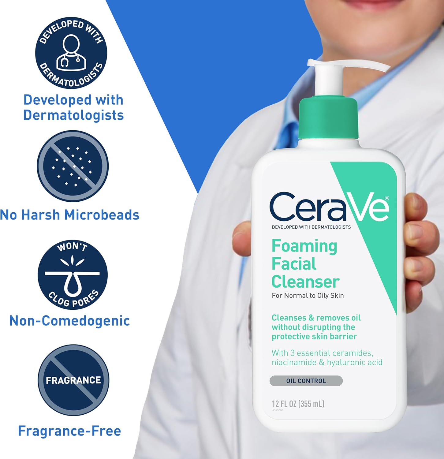 cerave cerave foaming facial cleanser | makeup remover and daily face wash for oily skin, 473 ml