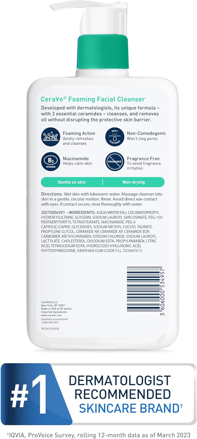 cerave cerave foaming facial cleanser | makeup remover and daily face wash for oily skin, 473 ml