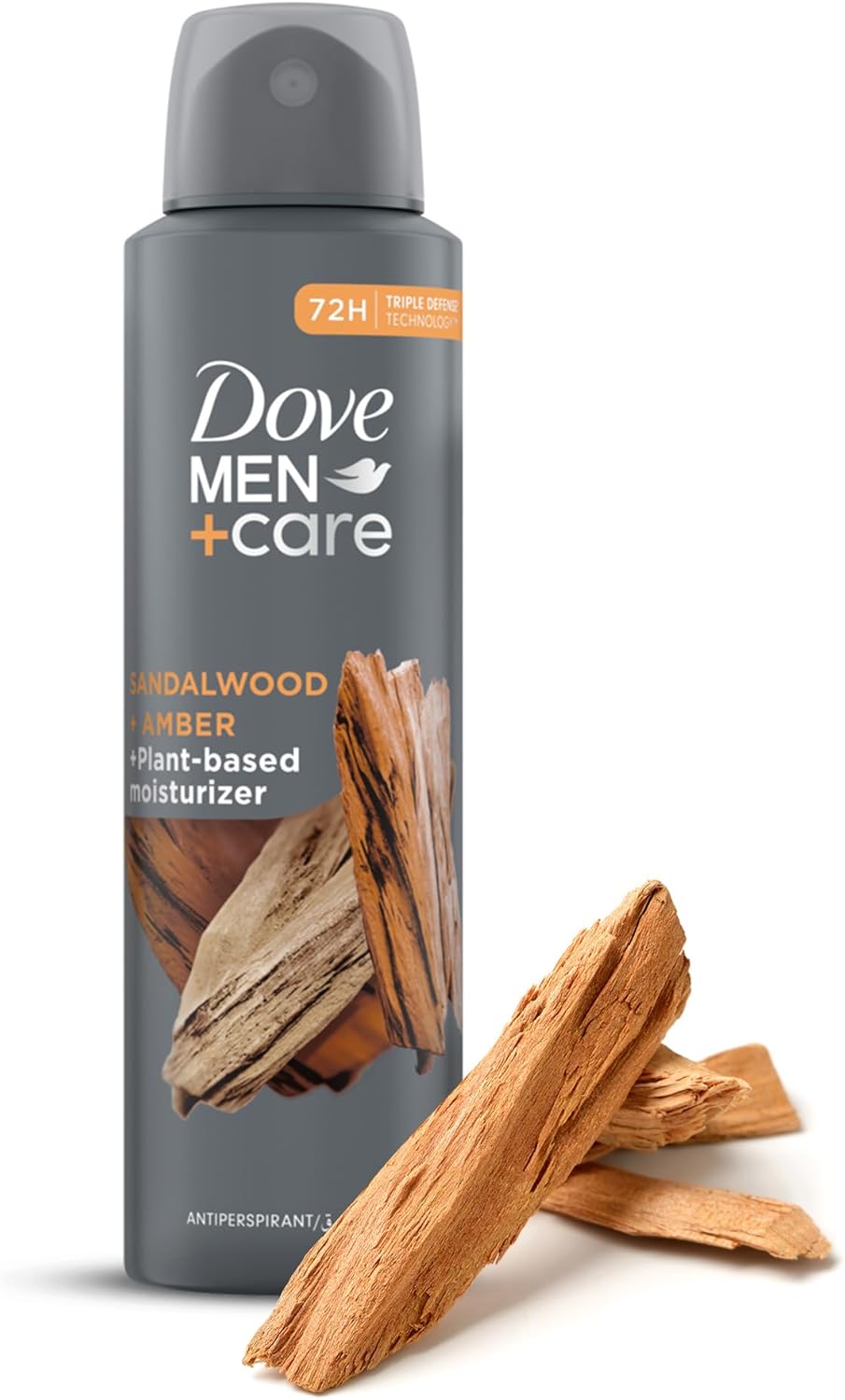 dove men + care antiperspirant deodorant spray, sandalwood & amber, plant based moisturizer, triple defense technology, 72h protection, 150ml