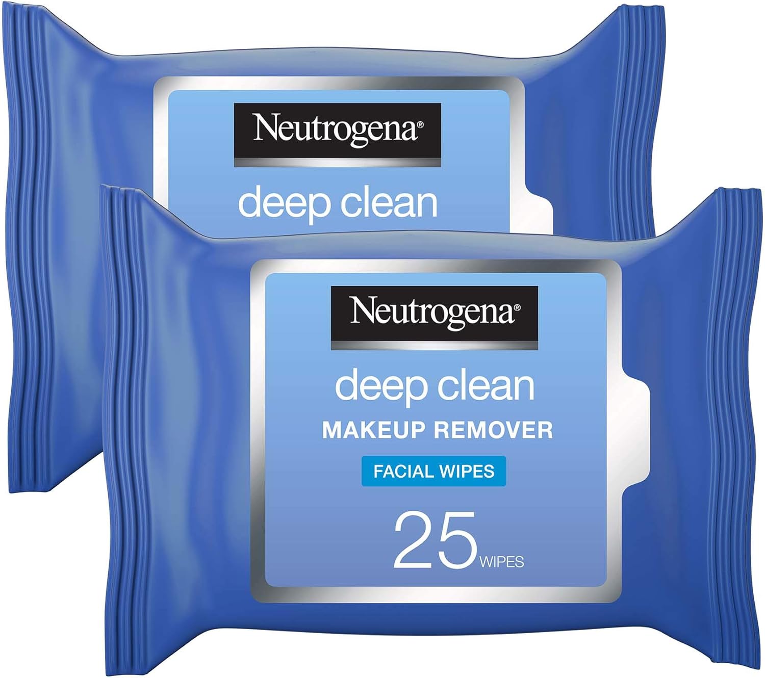 neutrogena deep clean makeup remover, pack of 2x25 wipes, oil free formula infused with a light cleansing lotion for extra skin care, removes all types makeup, even waterproof mascara
