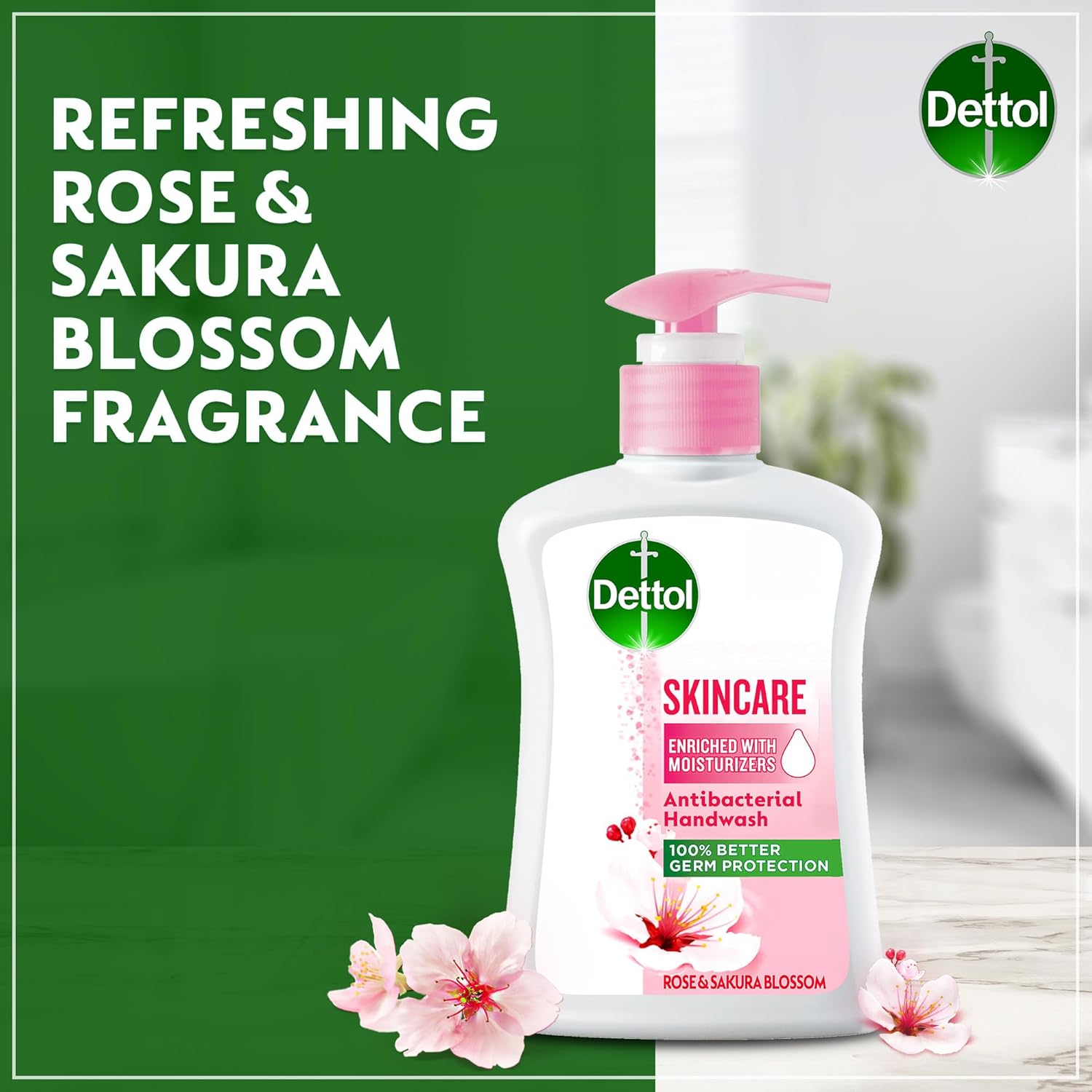 dettol handwash liquid soap skincare pump for effective germ protection & personal hygiene, protects against 100 illness causing germs, rose & sakura blossom fragrance, 200ml (pack of 3)