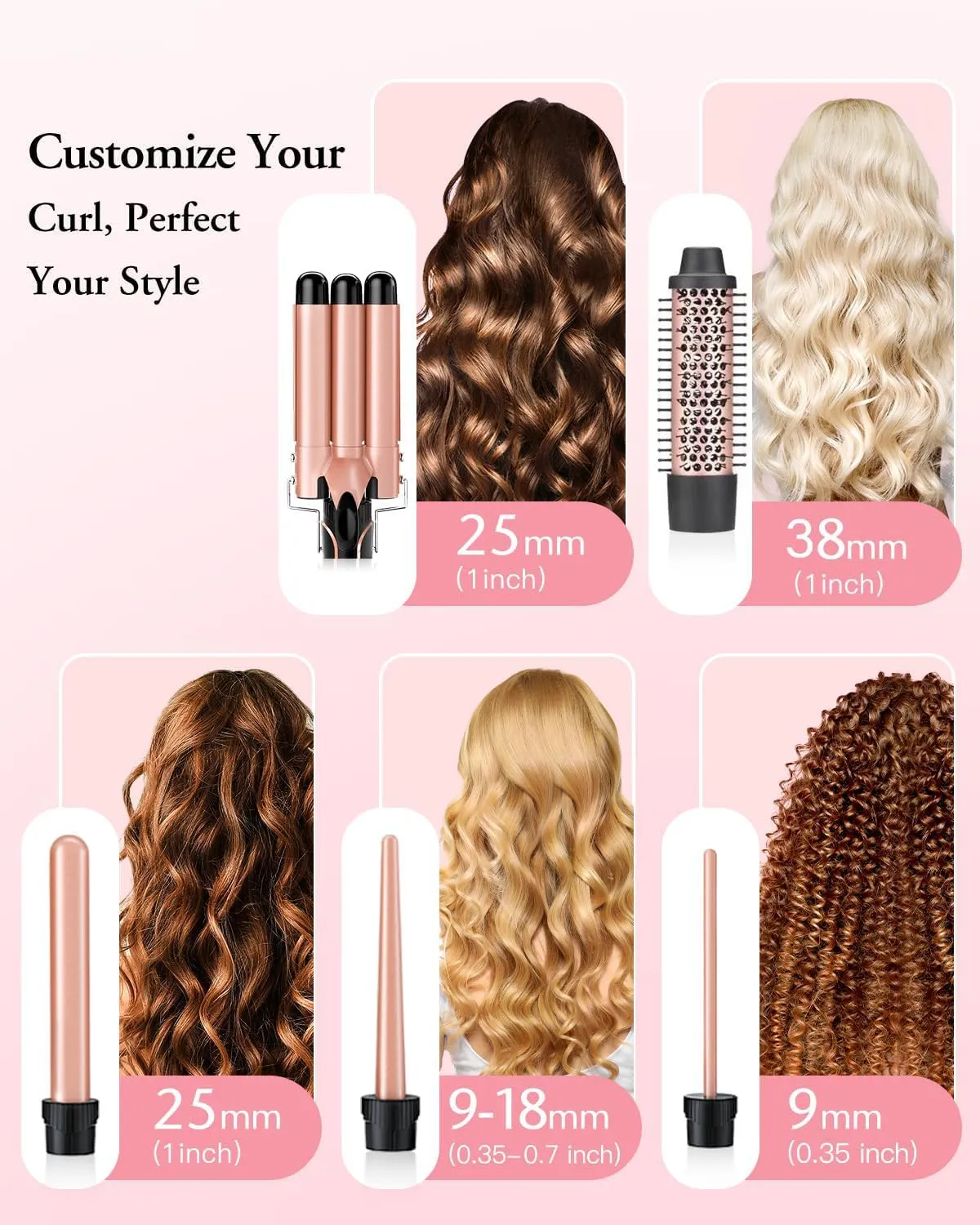 3Clock Curling Iron Wand Set 5-in-1 - Barrel Hair Curler with 3 Barrel Hair Crimper, Tapered, Spiral Curling Iron - Fast Heating Travel Hot Styling Tools for Women