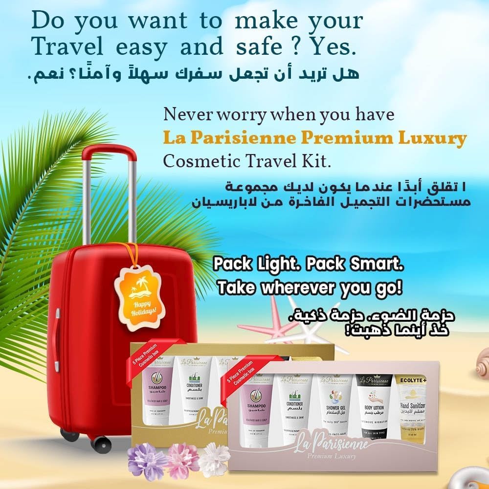 la parisienne premium luxury travel gold box, 30ml pack of 5 tubes (shampoo, conditioner, shower gel, body lotion & hand sanitizer) all skin types | unisex gift hamper for all festive occasions.