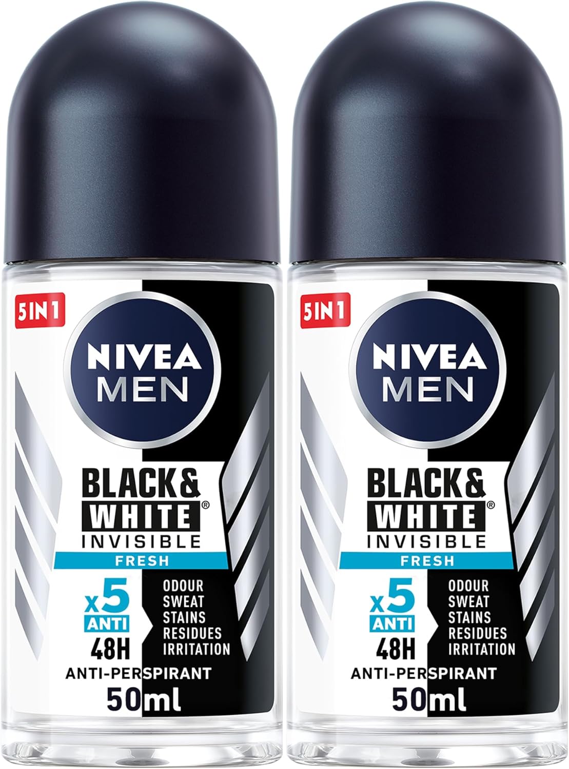 nivea men antiperspirant roll on for men, black & white invisible protection fresh, 2x50ml