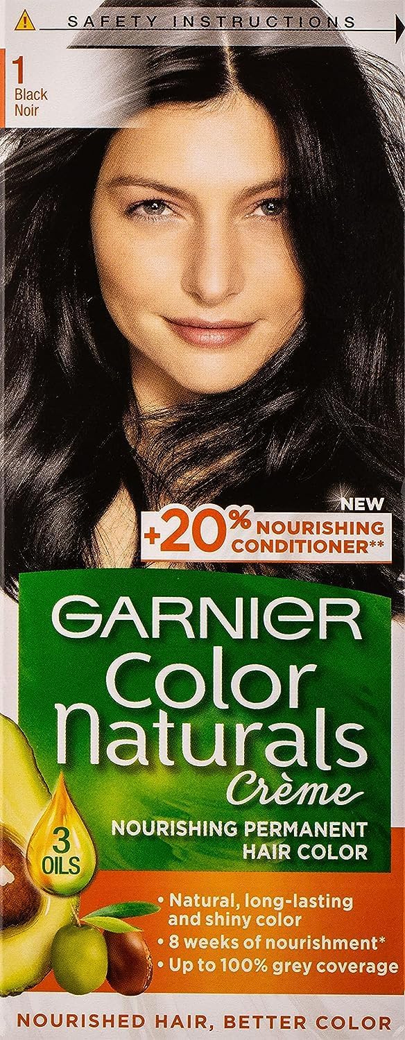 garnier hair colour, with 3 nourishing oils, grey covereage, long lasting shiny colour, natural looking result, for all hair types, color naturals crème, 1 black