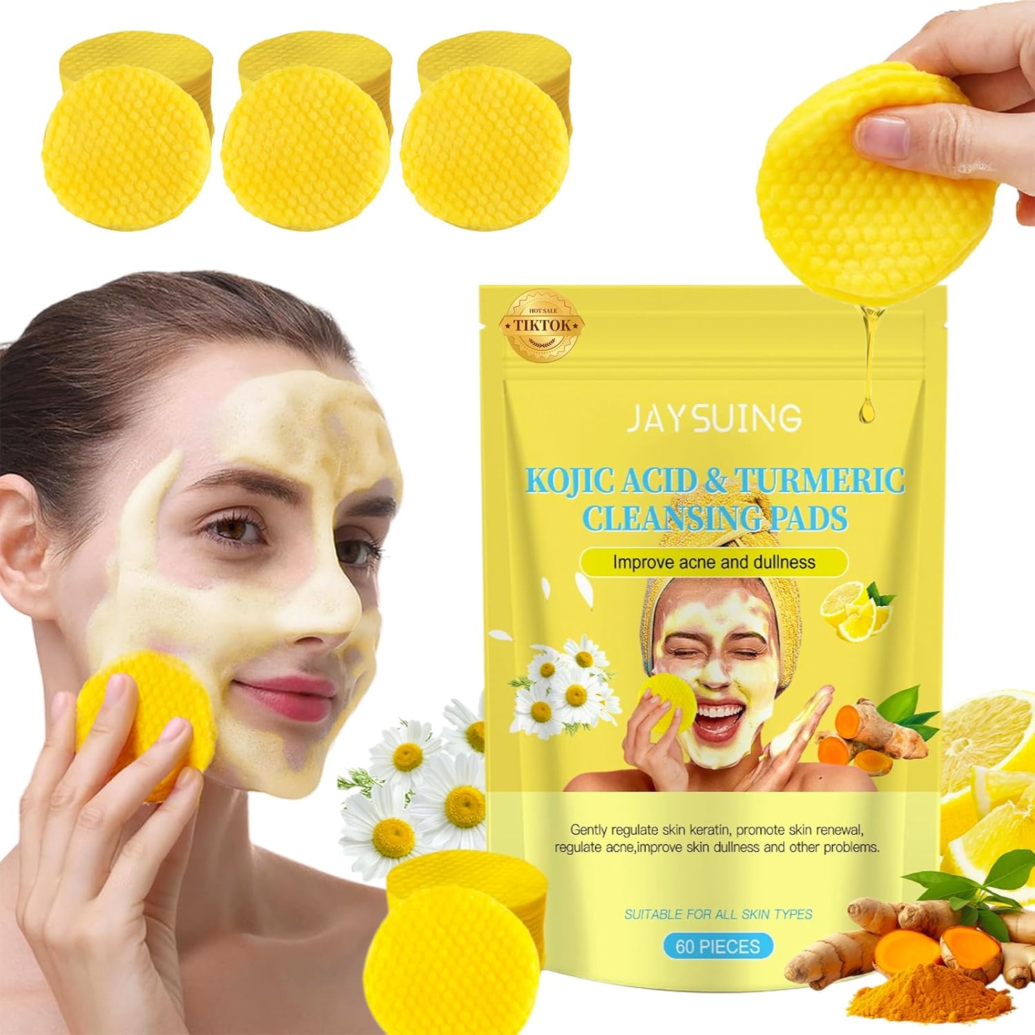 nigwedete 60 pcs turmeric kojic acid pads with vc and vitamin b5, kojic acid and turmeric cleansing pads balance the skin's oils, remove unwanted exfoliation and dirt from the body's skin
