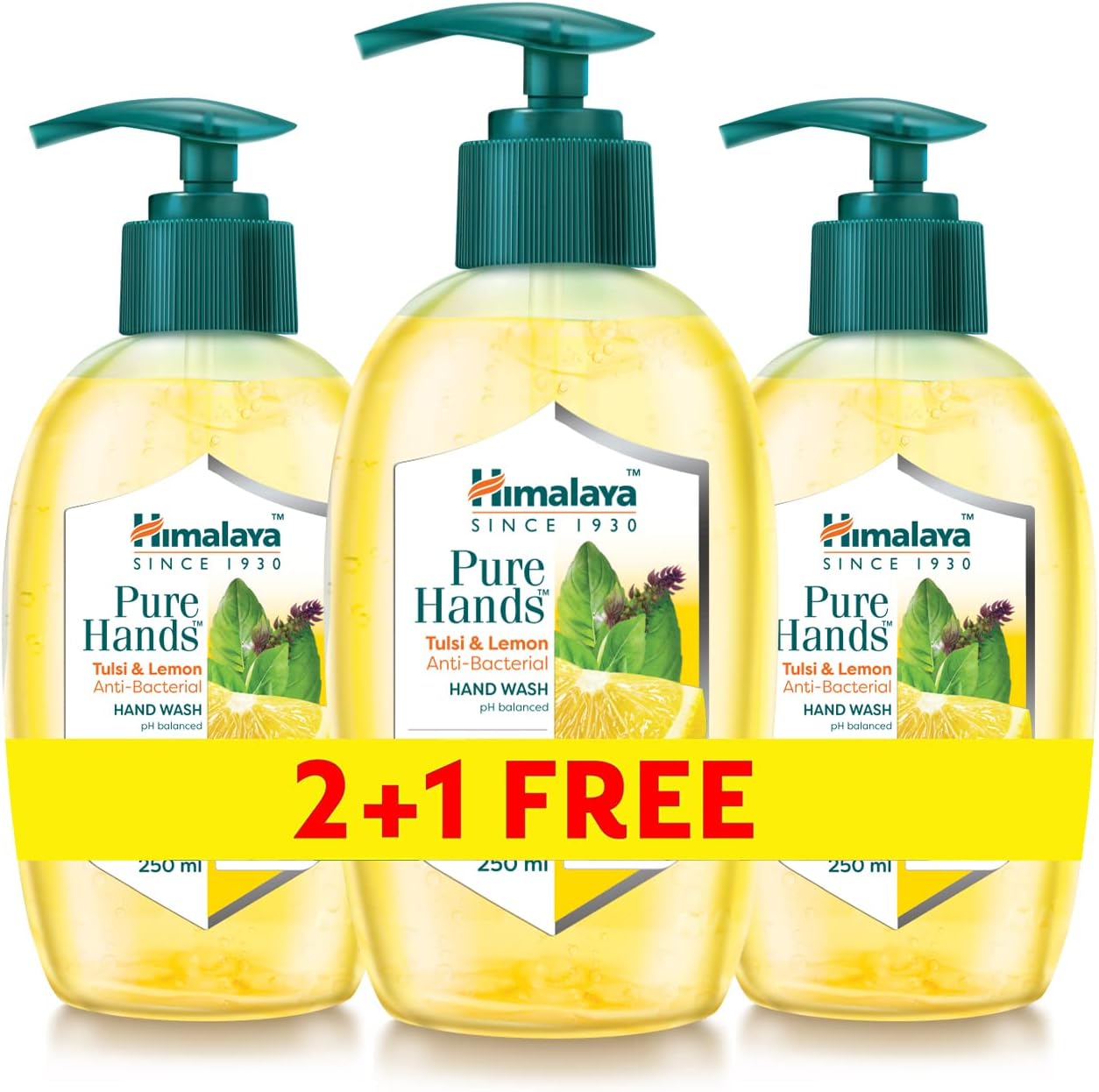 himalaya pure hands wash tulsi & lemon 250ml (2+1 pack) | natural antibacterial hand wash | refreshing & nourishing