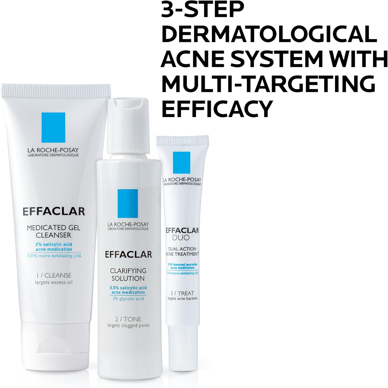 la roche posay effaclar dermatological 3 step acne treatment system, salicylic acid acne cleanser, pore refining toner, and benzoyl peroxide acne spot treatment for sensitive skin, 2 month supply