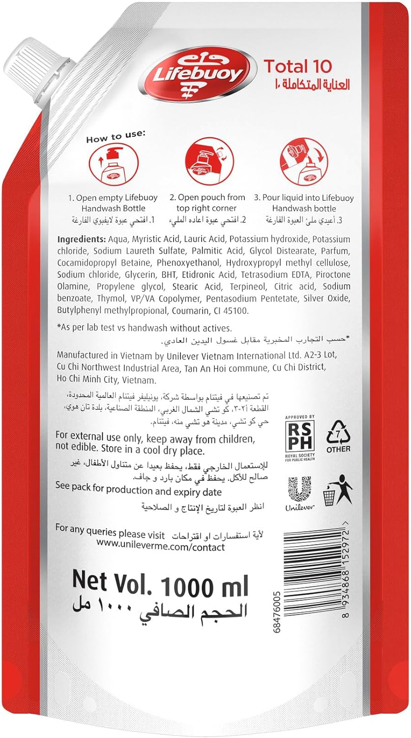 lifebuoy antibacterial hand wash, total 10, for 100% stronger germ protection in 10 seconds, 1l