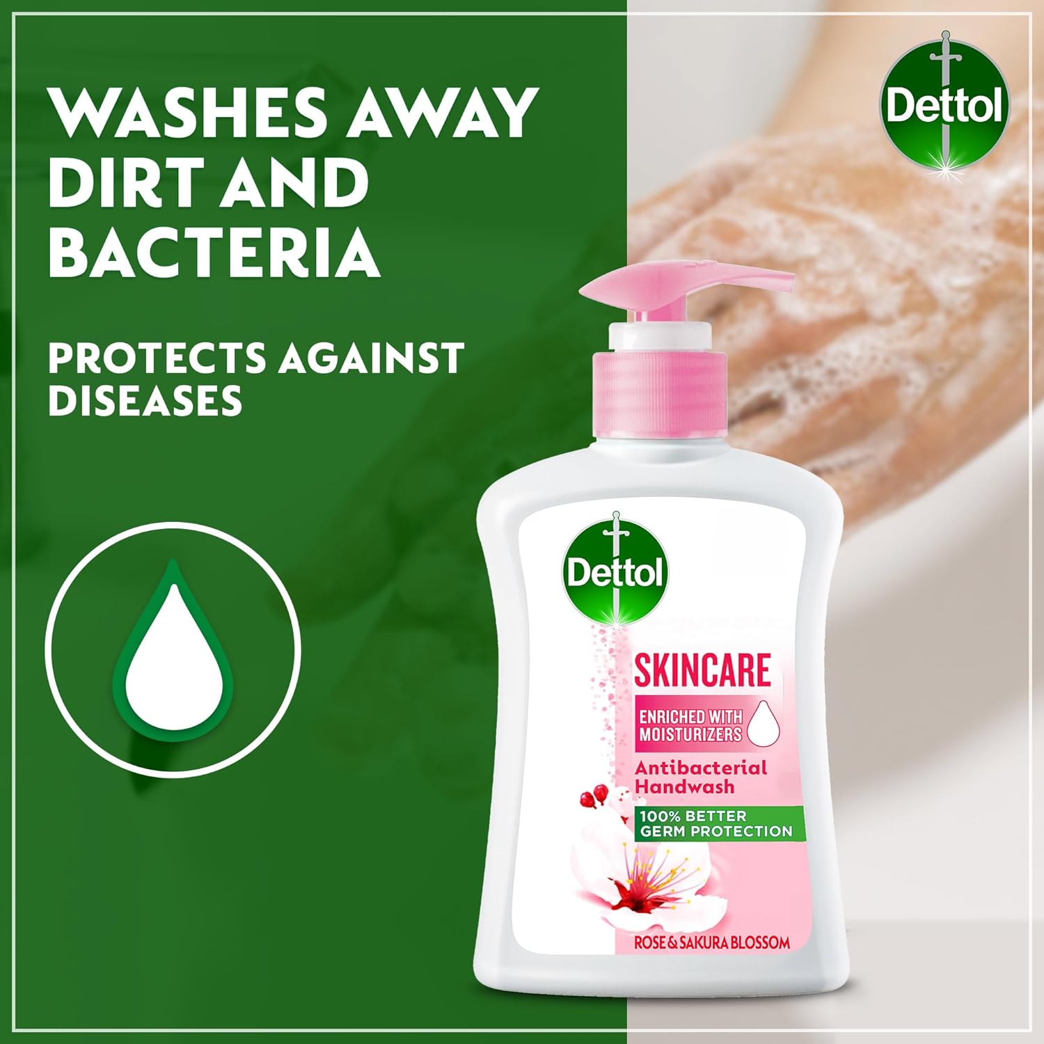 dettol handwash liquid soap skincare pump for effective germ protection & personal hygiene, protects against 100 illness causing germs, rose & sakura blossom fragrance, 200ml (pack of 3)