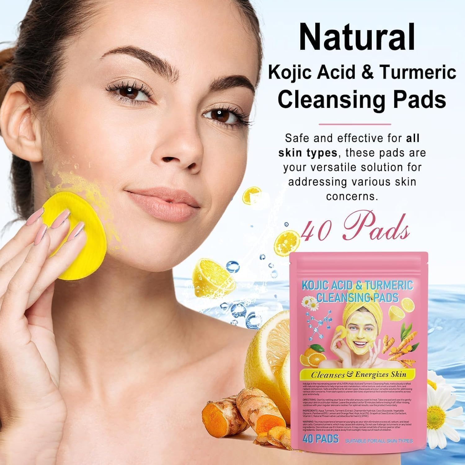 80 pcs turmeric kojic acid cleansing pads, turmeric cleansing pad, turmeric pad infused cotton exfoliating pads, with vitamin b5, vitamin c, balance skin oil & water, gentle & non lrritating