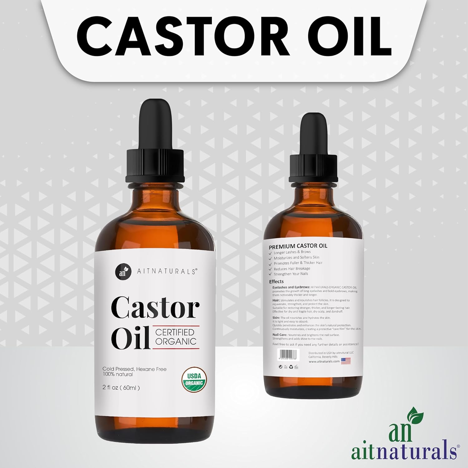 aitnaturals organic castor oil 60ml eyelash & eyebrow growth serum | nourishing hair, skin & nail treatment | promotes hair growth & conditions | cold pressed & hexane free | 100% pure & hexane free