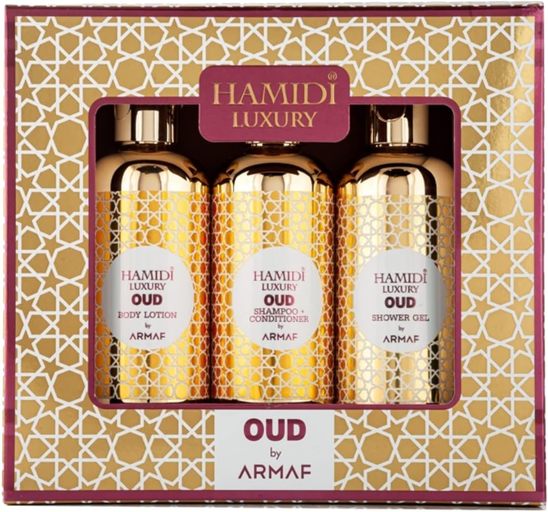 hamidi luxury oud by armaf, 3 pieces gift set for men & women, oud shower gel 95ml, oud body lotion 95ml, oud shampoo & conditioner 2 in 1 95ml | alcohol free | hair & skin care product | daily care