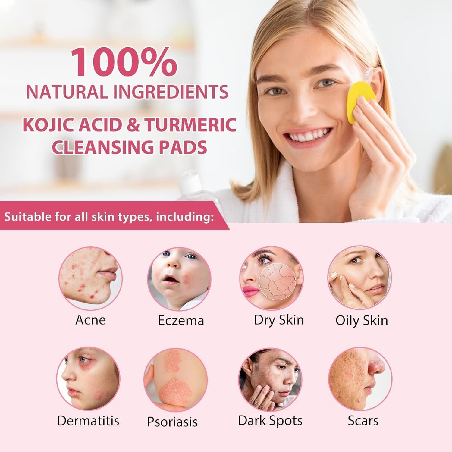 80 pcs turmeric kojic acid cleansing pads, turmeric cleansing pad, turmeric pad infused cotton exfoliating pads, with vitamin b5, vitamin c, balance skin oil & water, gentle & non lrritating