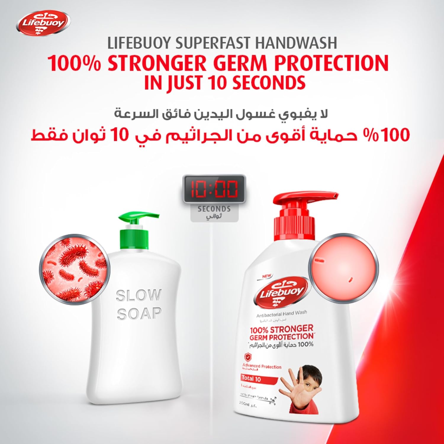 lifebuoy antibacterial hand wash, total 10, for 100% stronger germ protection in 10 seconds, 1l