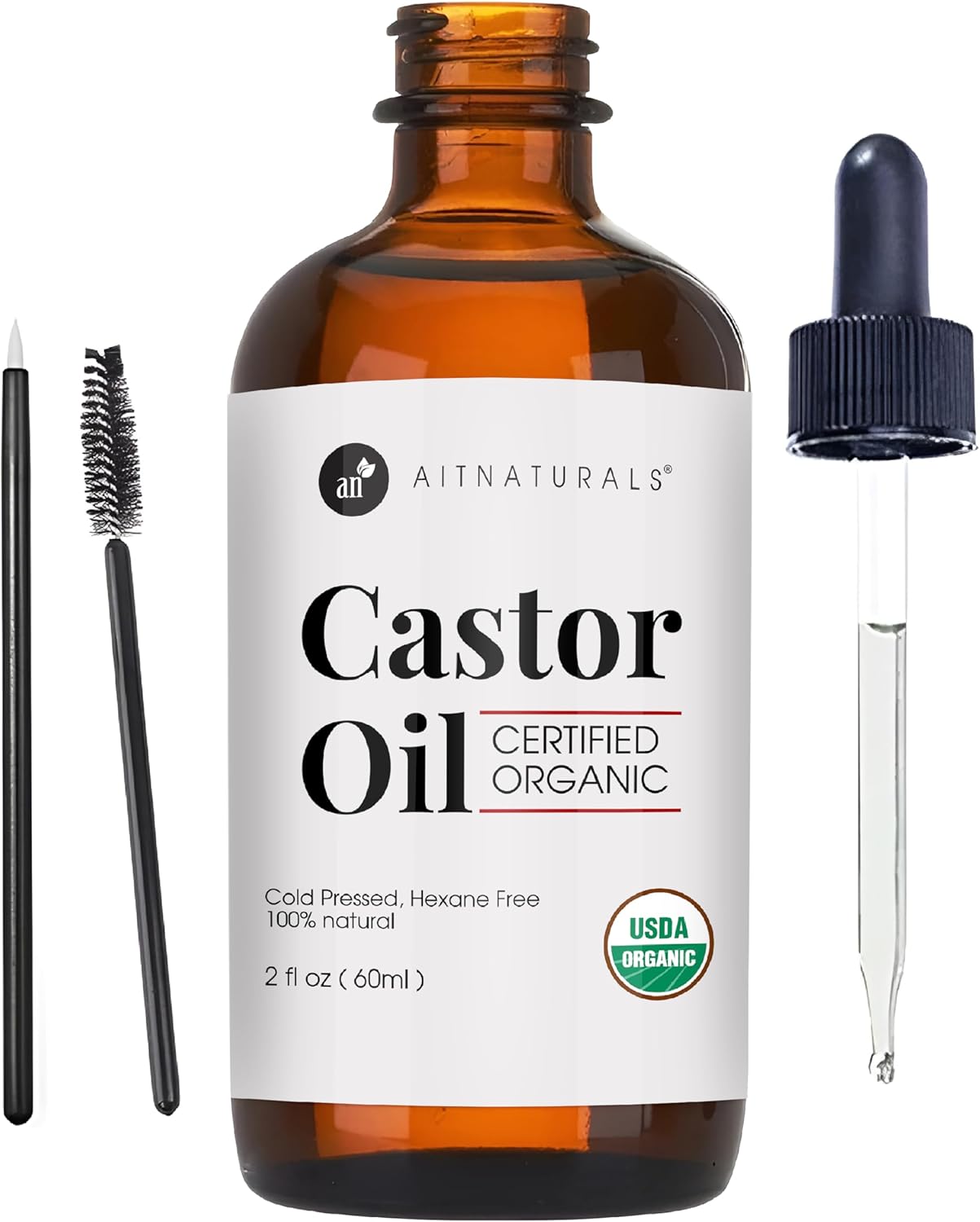 aitnaturals organic castor oil 60ml eyelash & eyebrow growth serum | nourishing hair, skin & nail treatment | promotes hair growth & conditions | cold pressed & hexane free | 100% pure & hexane free