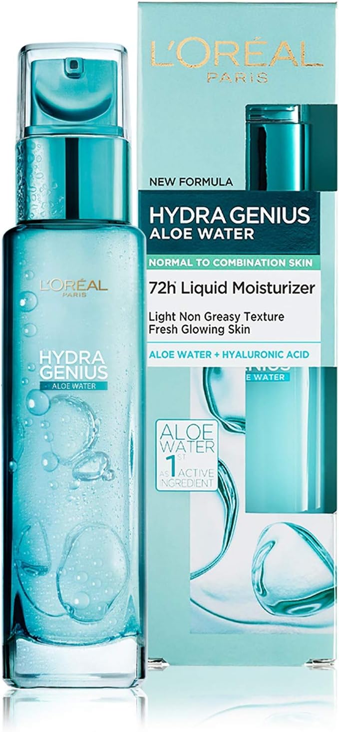 l'oréal paris, liquid moisturiser, hydrating for up to 72 hours, hydra genius aloe water, 70 ml