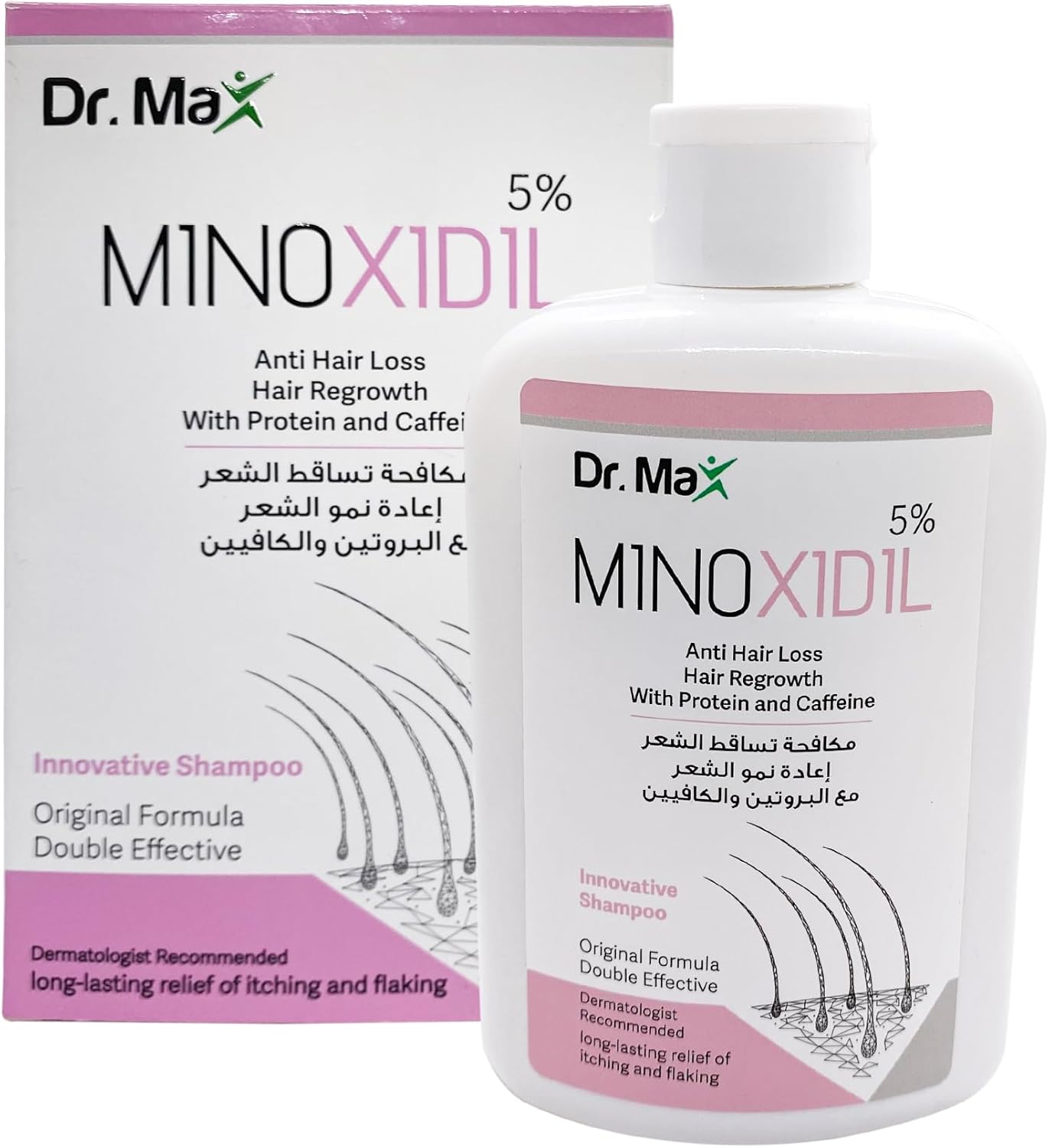 dr max minoxidil 5% anti hair loss shampoo, hair regrowth with protein caffeine long lasting relife of itching and flaking