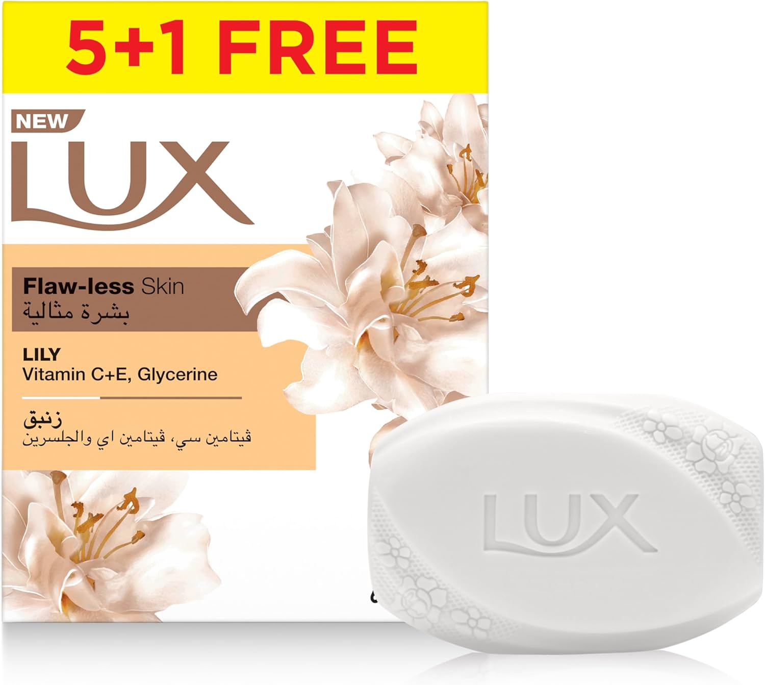 lux bar soap, for flaw less skin, lily, with vitamin c, e, and glycerine, 120g x 6
