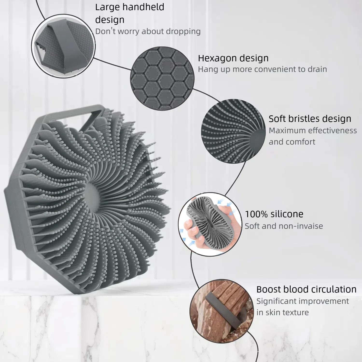 silicone body scrubber, exfoliating body wash scrubbers exfoliator, shower body brush for effective showering exfoliation and gentle massage (grey)