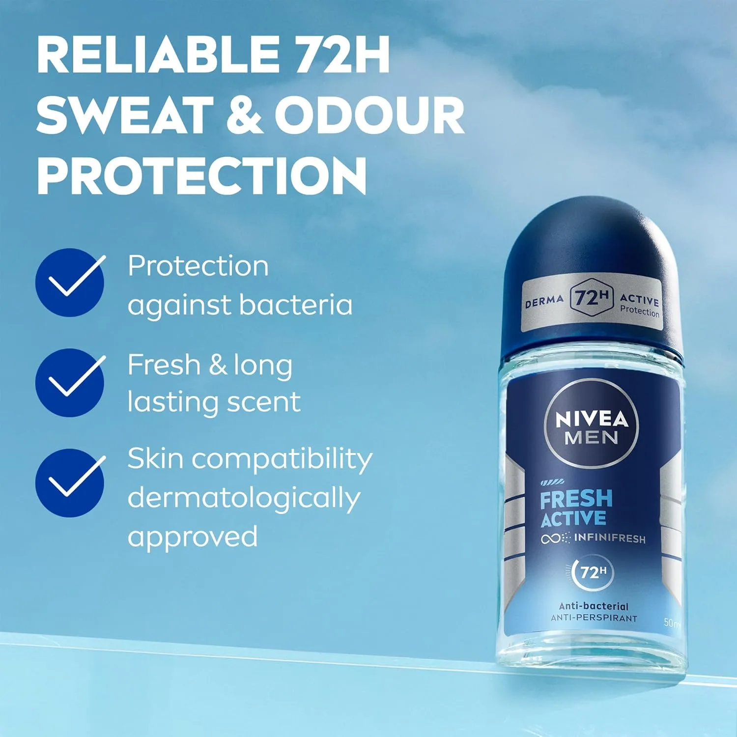 NIVEA MEN Antiperspirant Roll-on for Men, Fresh Active Fresh Scent, 2x50ml