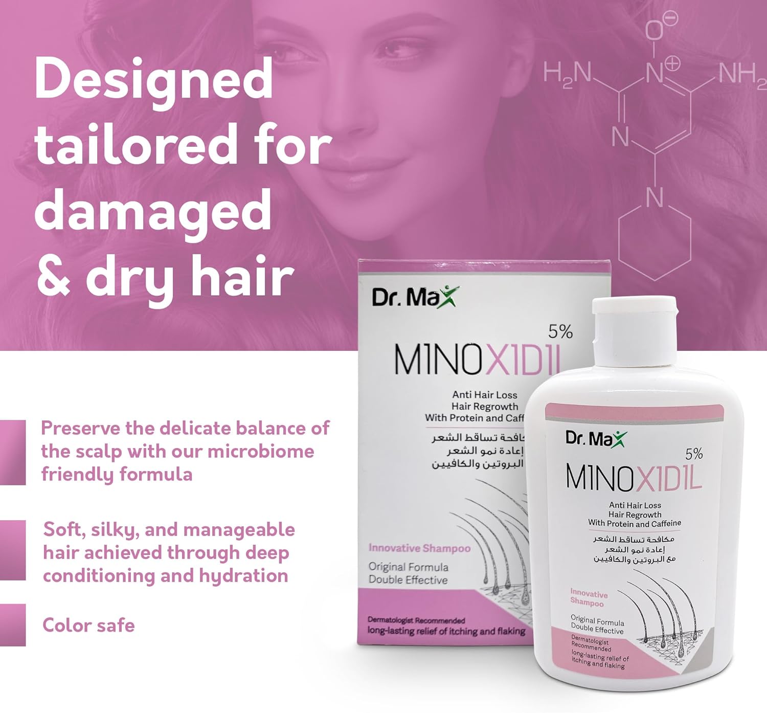 dr max minoxidil 5% anti hair loss shampoo, hair regrowth with protein caffeine long lasting relife of itching and flaking