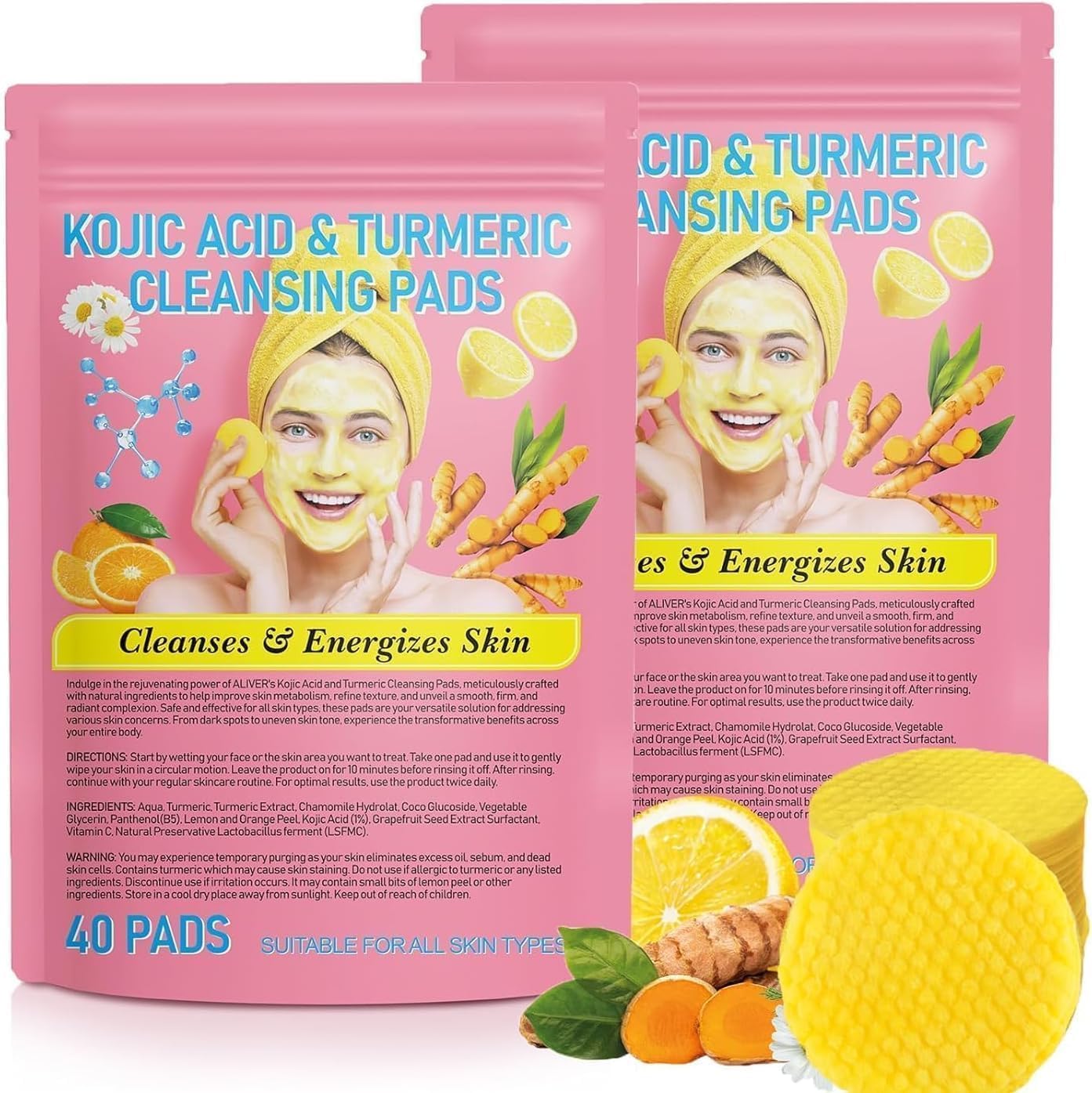 80 pcs turmeric kojic acid cleansing pads, turmeric cleansing pad, turmeric pad infused cotton exfoliating pads, with vitamin b5, vitamin c, balance skin oil & water, gentle & non lrritating
