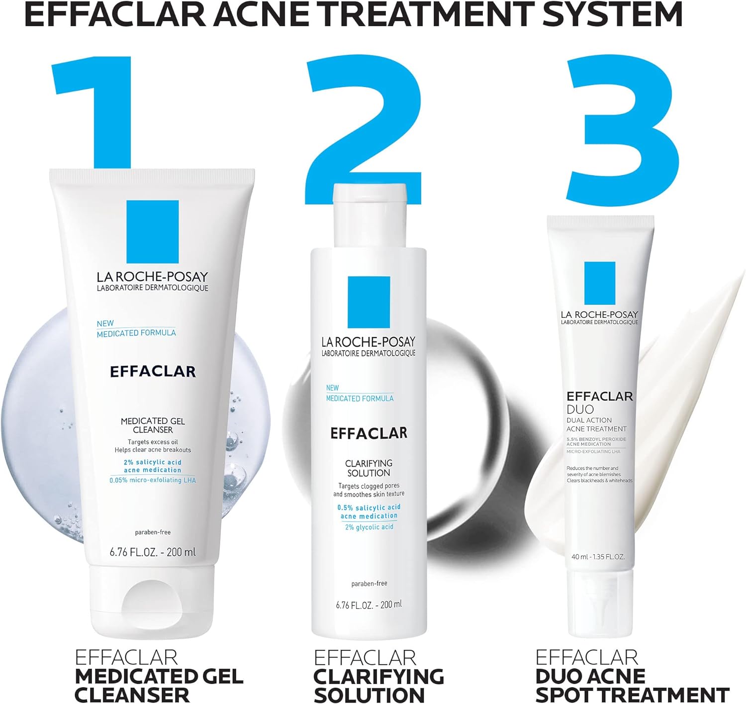 la roche posay effaclar dermatological 3 step acne treatment system, salicylic acid acne cleanser, pore refining toner, and benzoyl peroxide acne spot treatment for sensitive skin, 2 month supply