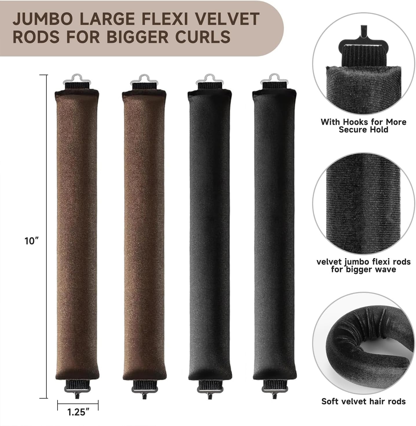 nigwedete 4 pcs velvet heatless hair curler rod, soft large flexible heatless curling rod for all hairstyles, lazy no heat overnight blowout rods with satin headband for women and girls