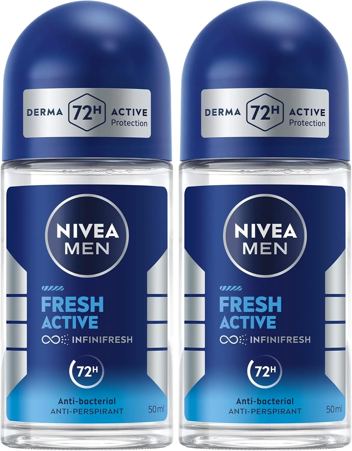 NIVEA MEN Antiperspirant Roll-on for Men, Fresh Active Fresh Scent, 2x50ml