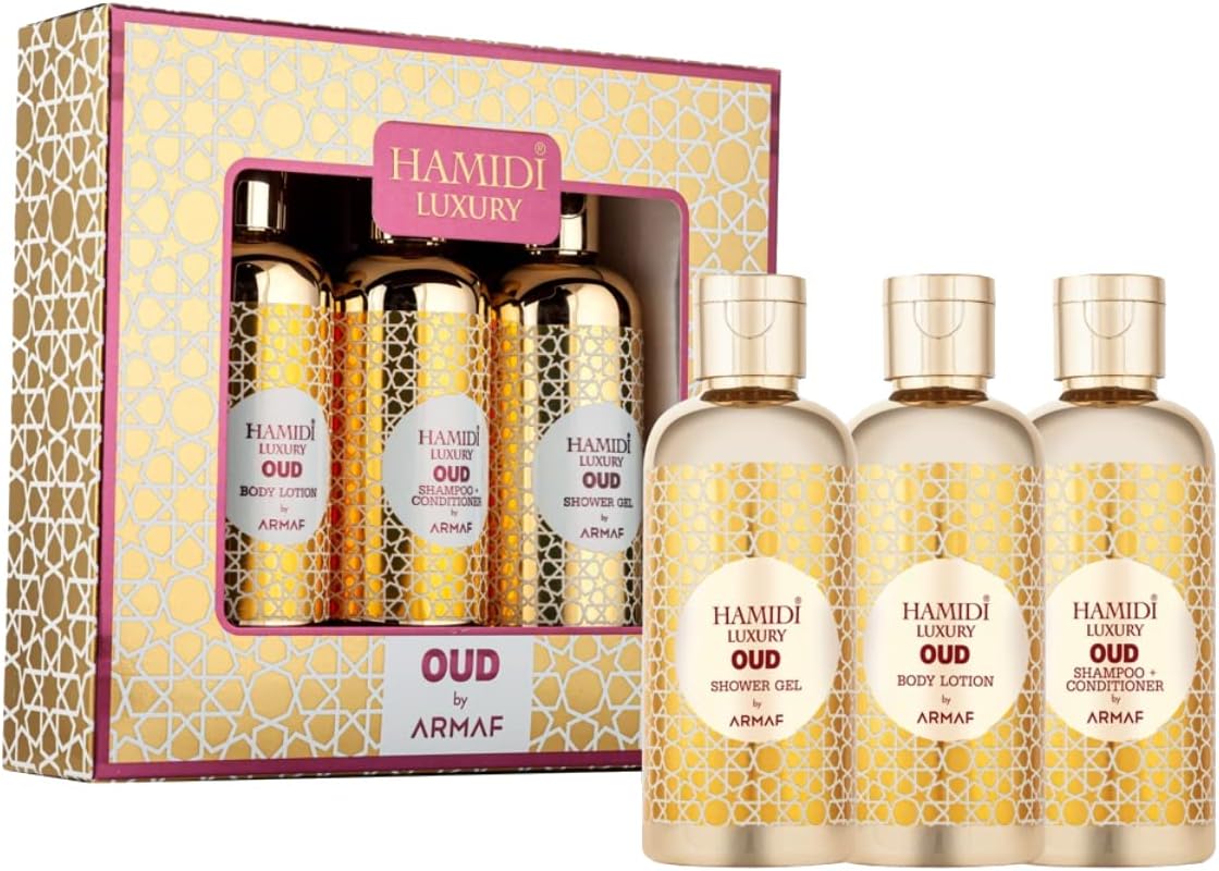 hamidi luxury oud by armaf, 3 pieces gift set for men & women, oud shower gel 95ml, oud body lotion 95ml, oud shampoo & conditioner 2 in 1 95ml | alcohol free | hair & skin care product | daily care