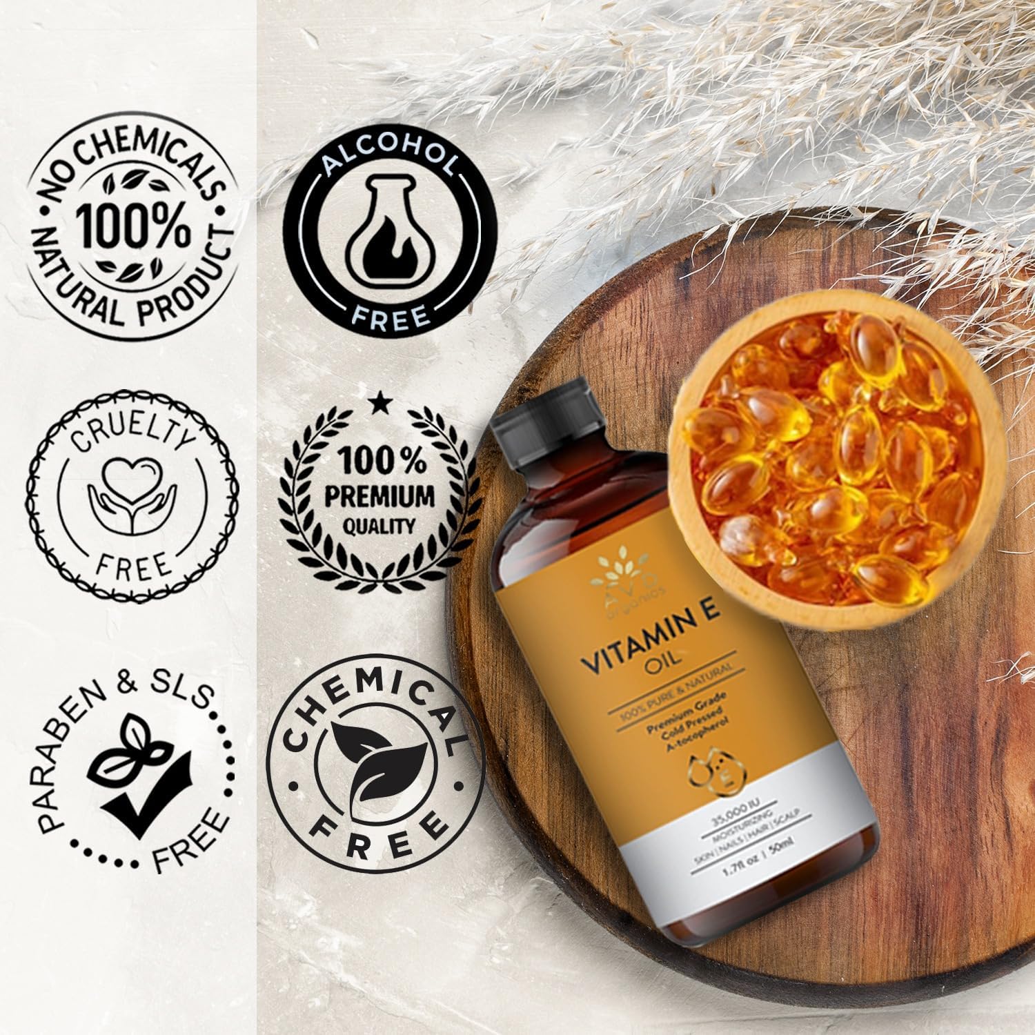 avd organics 100% pure vitamin e oil 35,000 iu | premium grade, cold pressed and tocopherol | for skin, face, body, hair & nail moisturiser 50ml