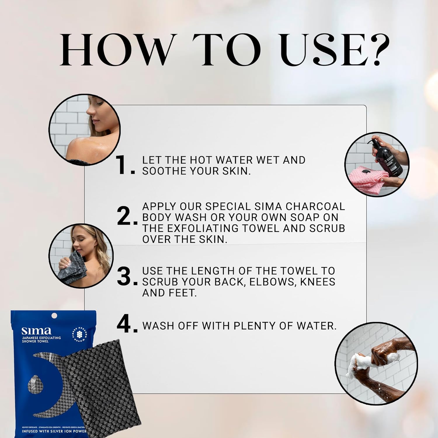 sima brand exfoliating washcloth face & body scrub towel japanese exfoliating towel with hexagon fibers, exfoliating body scrubber with 2 sides for scrubbing & washing 1 extra long towel