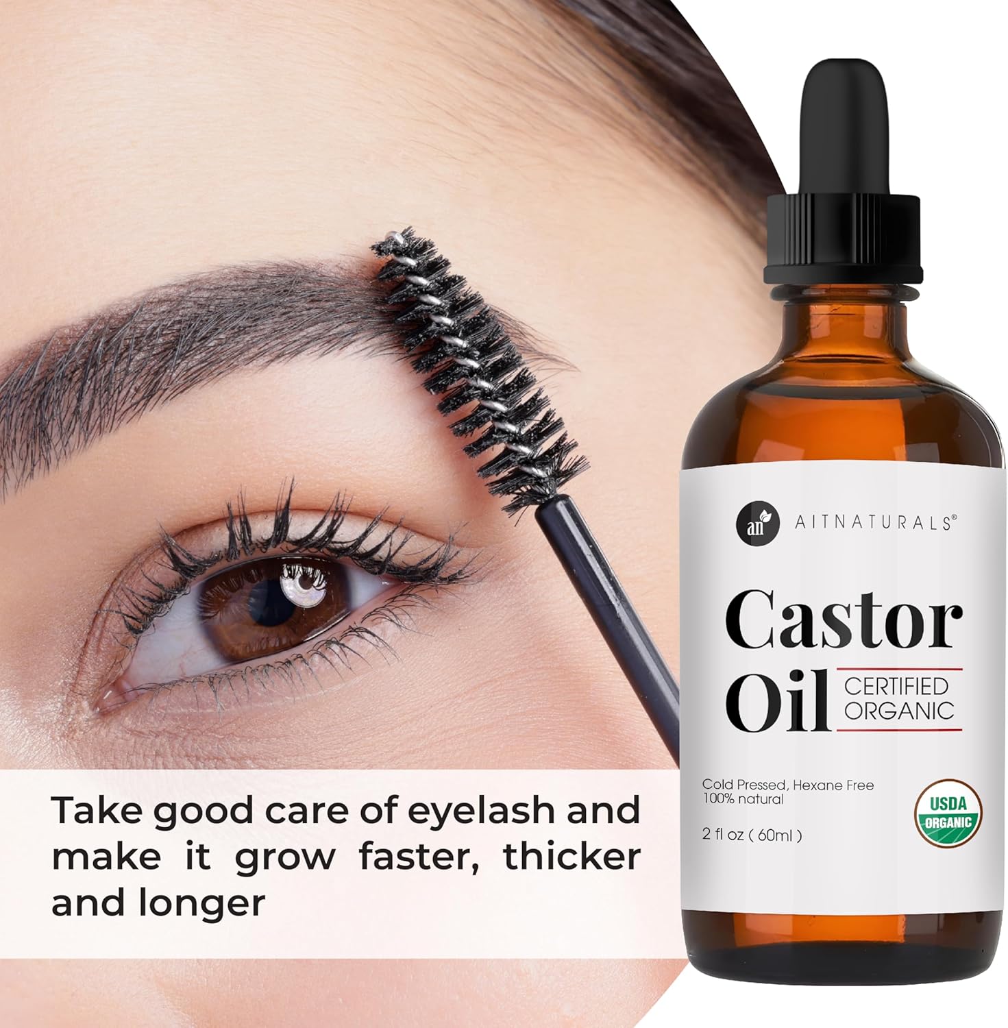 aitnaturals organic castor oil 60ml eyelash & eyebrow growth serum | nourishing hair, skin & nail treatment | promotes hair growth & conditions | cold pressed & hexane free | 100% pure & hexane free