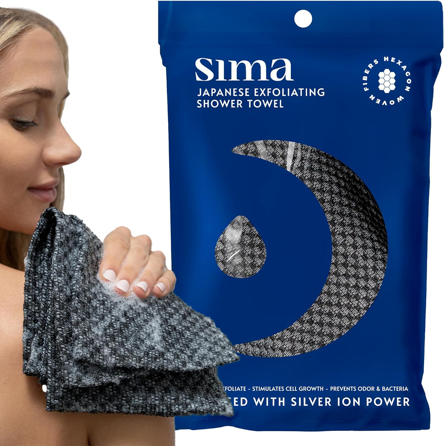 sima brand exfoliating washcloth face & body scrub towel japanese exfoliating towel with hexagon fibers, exfoliating body scrubber with 2 sides for scrubbing & washing 1 extra long towel