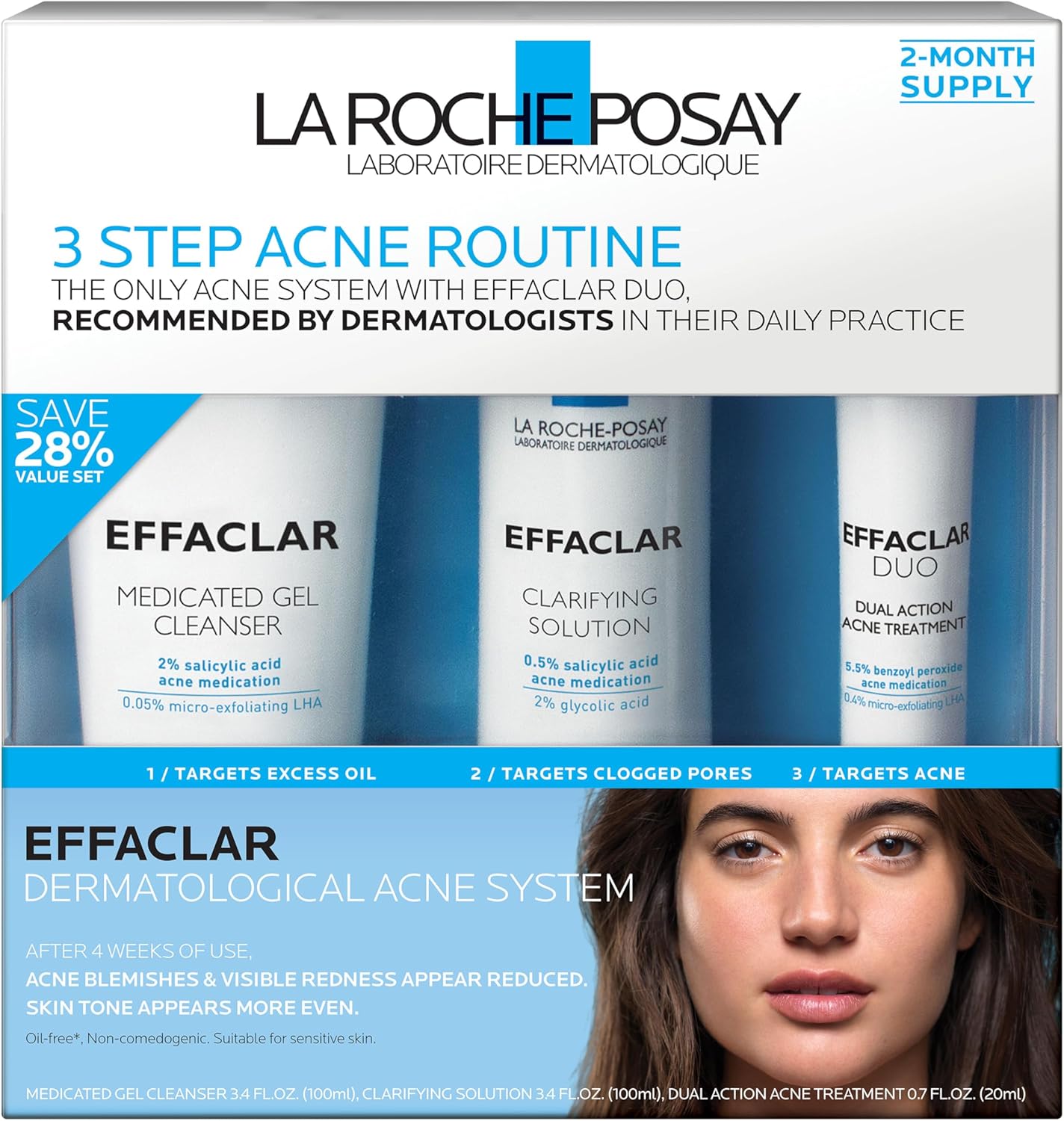 la roche posay effaclar dermatological 3 step acne treatment system, salicylic acid acne cleanser, pore refining toner, and benzoyl peroxide acne spot treatment for sensitive skin, 2 month supply