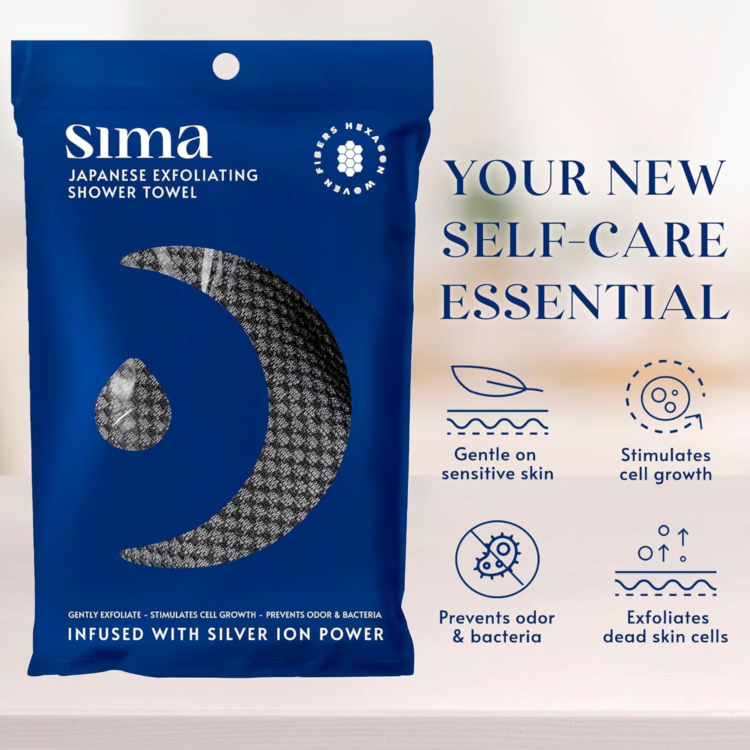 sima brand exfoliating washcloth face & body scrub towel japanese exfoliating towel with hexagon fibers, exfoliating body scrubber with 2 sides for scrubbing & washing 1 extra long towel
