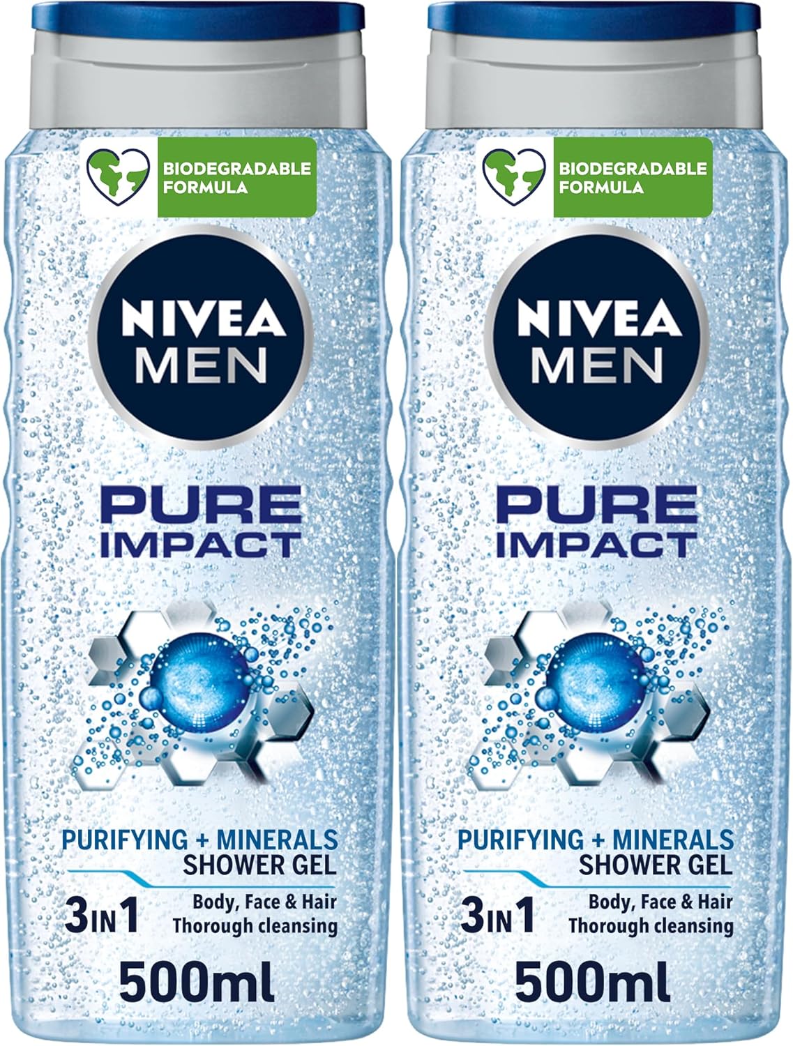 nivea men 3in1 shower gel, pure impact fresh scent, 2x500ml