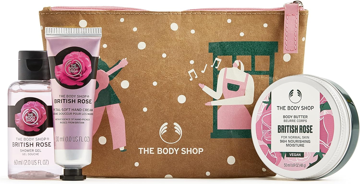 the body shop bloom & glow british rose mini gift set, vegan formula with rose, hydrating & rejuvenating skincare for all skin types, floral, 3 items