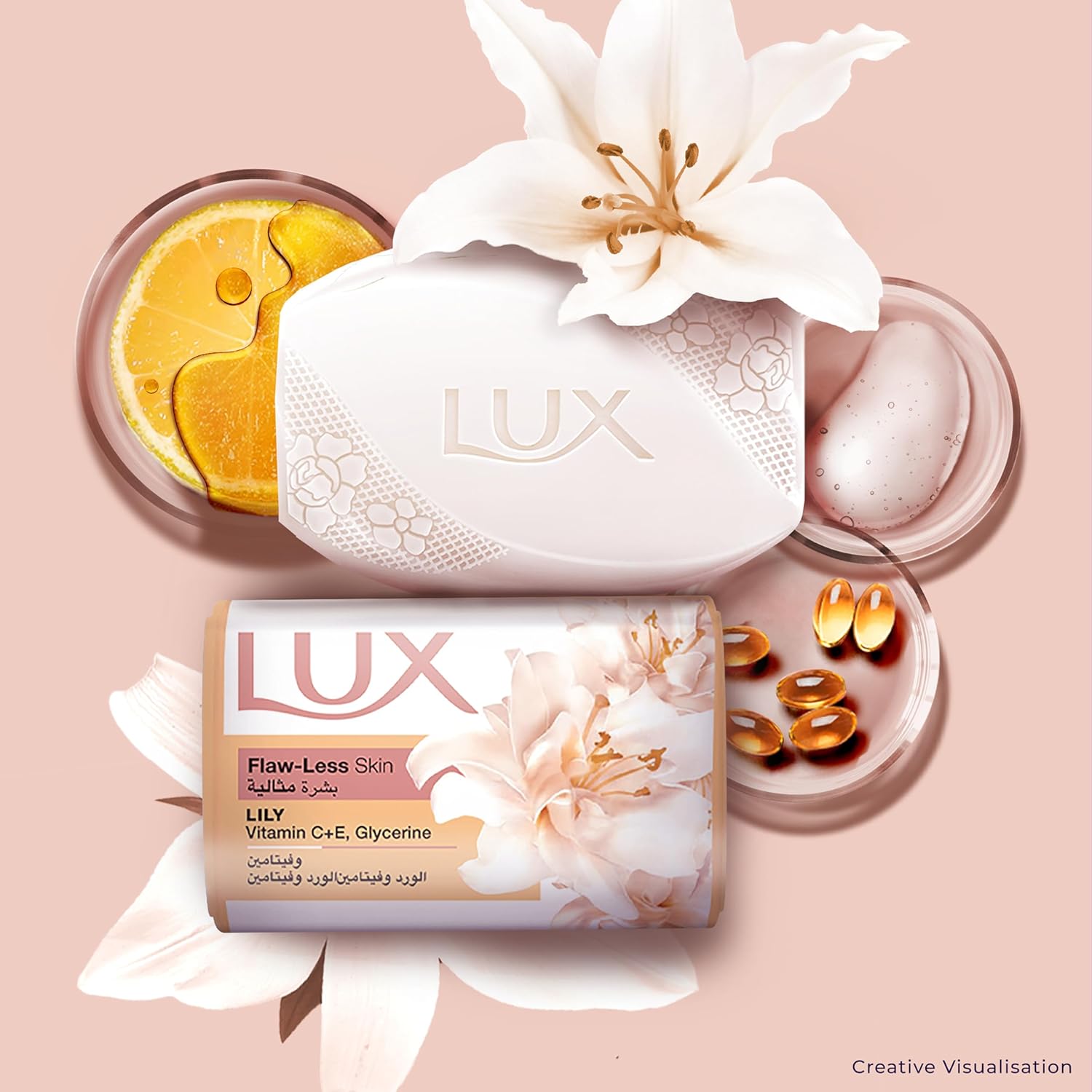 lux bar soap, for flaw less skin, lily, with vitamin c, e, and glycerine, 120g x 6
