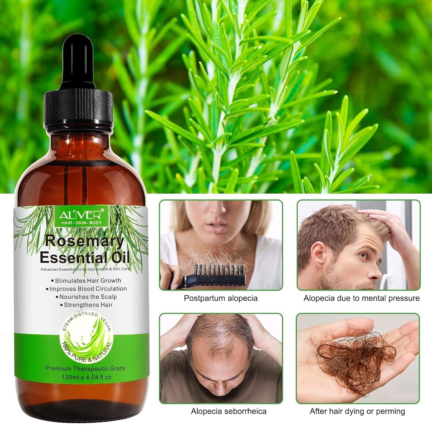 aliver rosemary oil for hair growth (120 ml) with silicone scalp massager, organic rosemary essential oil,rosemary essential oils,100% pure natural,nourishes the scalp,stimulates hair growth