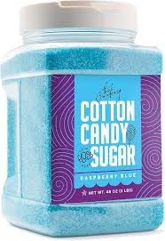 the candery cotton candy floss sugar strawberry flavor reusable plastic jars easy pour and scoop spout 48oz 3lb (raspberry blue)