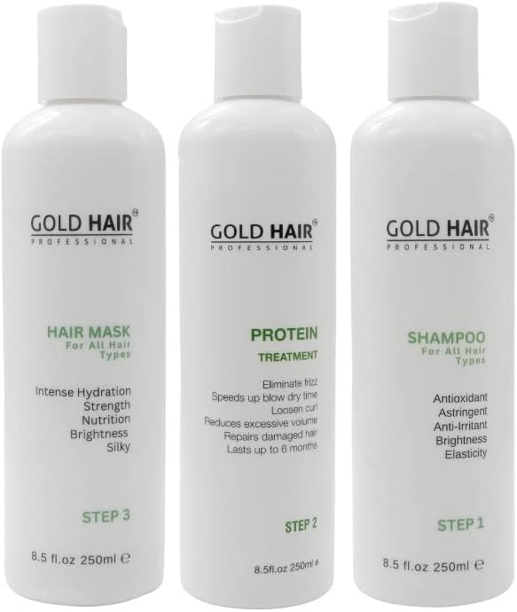 gold hair professional protein treatment set (250ml*3) for normal type of hair, eliminates frizz, long lasting up to 6 mos, repairs hair damage and 100% vegan (safe with no harsh chemicals)