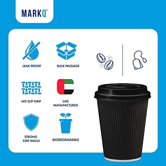 markq [25 sets] 8 oz. black disposable coffee cups with lids triple wall ripple paper cups for hot & cold drinks