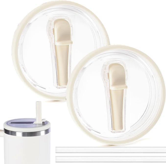 bananahome 2 pack 40oz tumbler flip straw lid replacement fit for stanley quencher tumbler with straws,leak proof splash resistant tumbler lids for stanley cup accessories (cream)