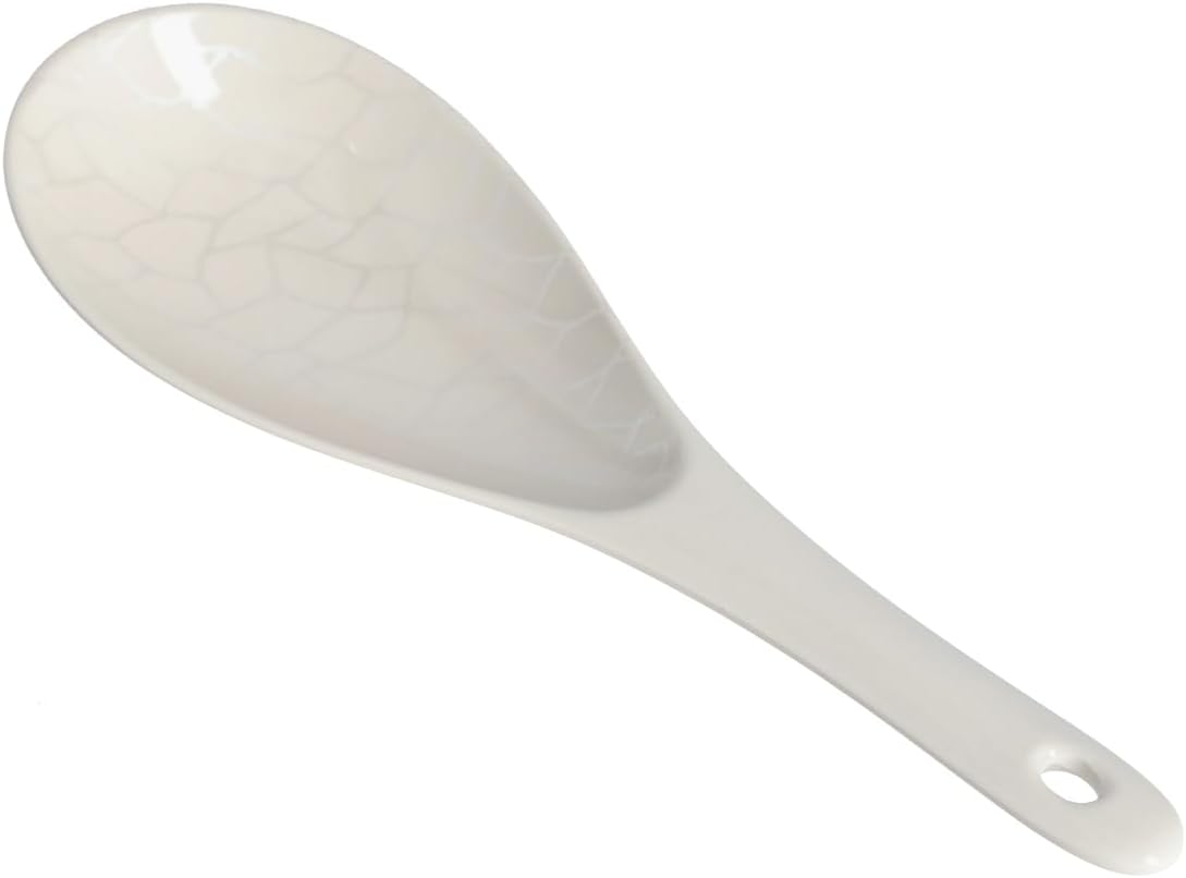royalford melamine ware rice spoon cooking and serving spoon with grip handle and hanging loop | dishwasher safe | broad deep bowl | dinner cutlery utensil (white pearl)
