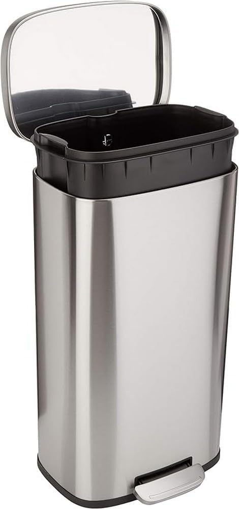 amazon basics smudge resistant rectangular trash can with soft close foot pedal, brushed stainless steel, 30 liter 7.9 gallon, satin nickel finish