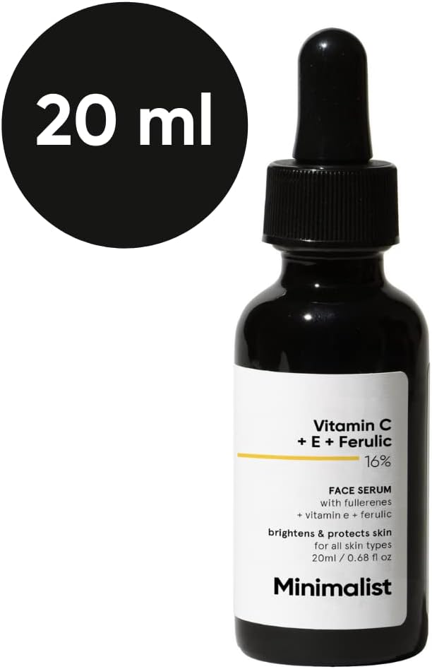 minimalist 16% vitamin c face serum (advanced) with vit e, & ferulic acid for glowing skin | advanced brightening formula with power of vit c & e, ferulic acid & fullerenes